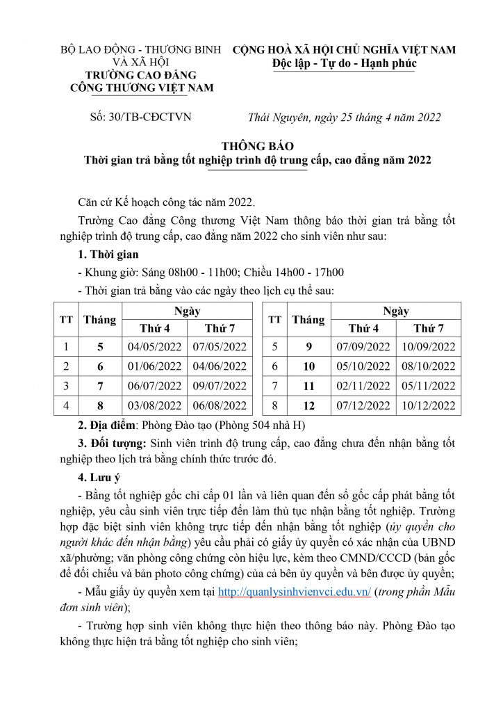 Thoi gian tra bang tot nghiep trinh do trung cap cao dang nam 2022